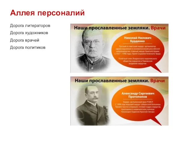 Аллея персоналий Дорога литераторов Дорога художников Дорога врачей Дорога политиков