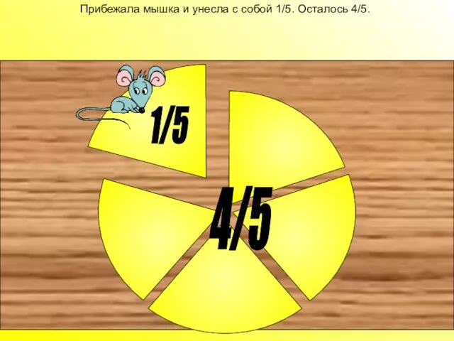 Прибежала мышка и унесла с собой 1/5. Осталось 4/5. 4/5