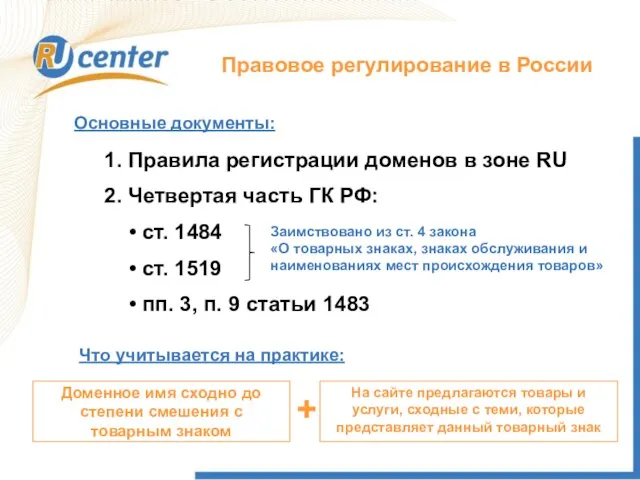 1. Правила регистрации доменов в зоне RU Основные документы: 2. Четвертая часть