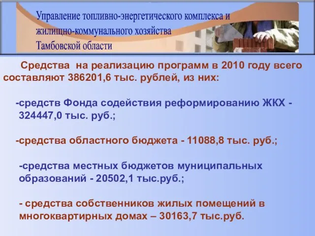 Средства на реализацию программ в 2010 году всего составляют 386201,6 тыс. рублей,