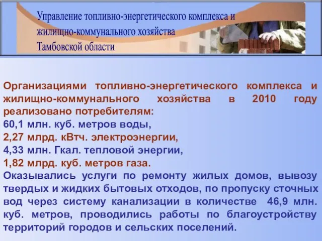 Организациями топливно-энергетического комплекса и жилищно-коммунального хозяйства в 2010 году реализовано потребителям: 60,1