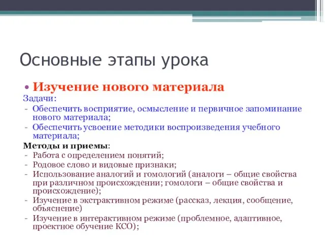 Основные этапы урока Изучение нового материала Задачи: Обеспечить восприятие, осмысление и первичное