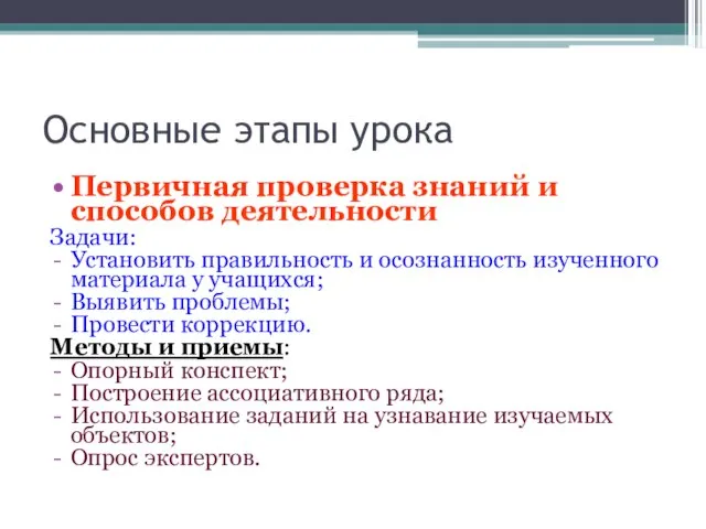 Основные этапы урока Первичная проверка знаний и способов деятельности Задачи: Установить правильность