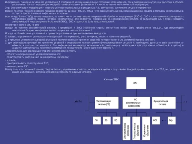 Информация, снимаемая с объекта управления А отображает как функциональное состояние этого объекта,