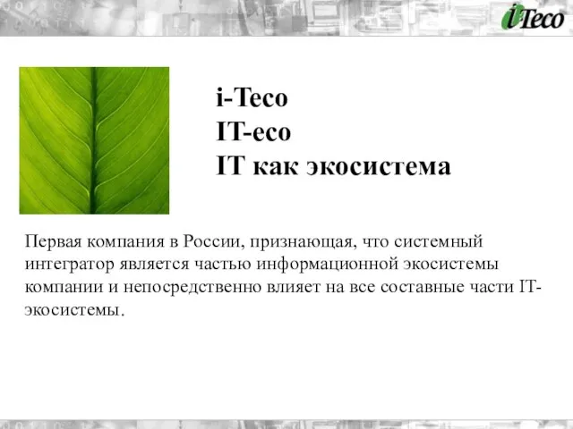 i-Teco IT-eco IT как экосистема Первая компания в России, признающая, что системный