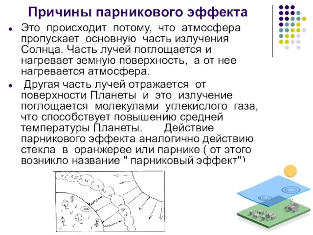 Причины парникового эффекта Это происходит потому, что атмосфера пропускает основную часть излучения