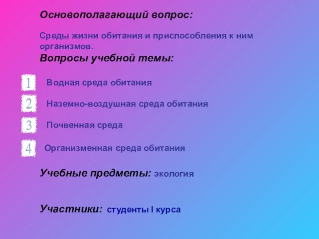 Основополагающий вопрос: Среды жизни обитания и приспособления к ним организмов. Вопросы учебной