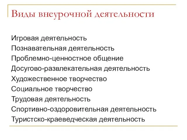 Виды внеурочной деятельности Игровая деятельность Познавательная деятельность Проблемно-ценностное общение Досугово-развлекательная деятельность Художественное