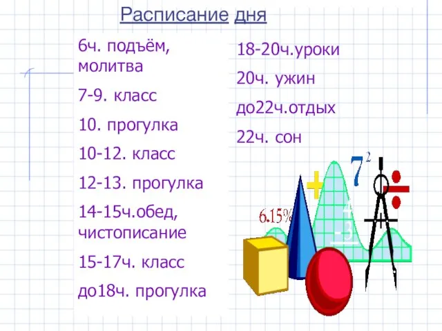 Расписание дня 6ч. подъём,молитва 7-9. класс 10. прогулка 10-12. класс 12-13. прогулка