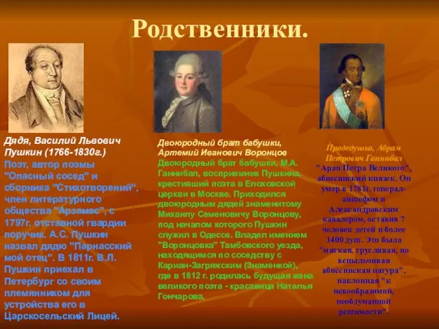 Родственники. Дядя, Василий Львович Пушкин (1766-1830г.) Поэт, автор поэмы "Опасный сосед" и