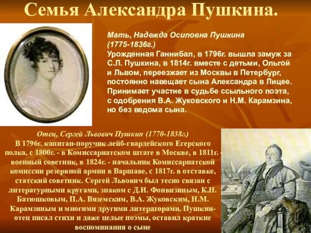 Семья Александра Пушкина. Мать, Надежда Осиповна Пушкина (1775-1836г.) Урожденная Ганнибал, в 1796г.