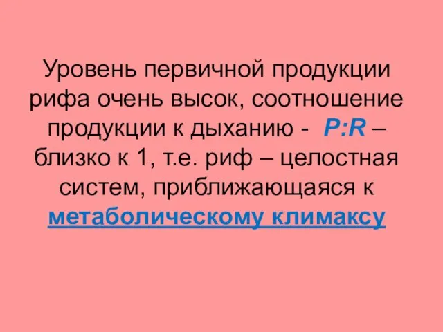 Уровень первичной продукции рифа очень высок, соотношение продукции к дыханию - P:R