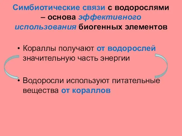 Симбиотические связи с водорослями – основа эффективного использования биогенных элементов Кораллы получают