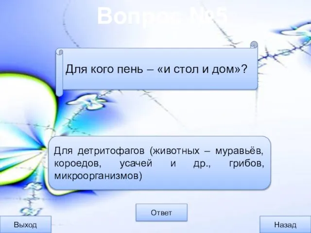 Вопрос №5 Выход Назад Ответ Для детритофагов (животных – муравьёв, короедов, усачей