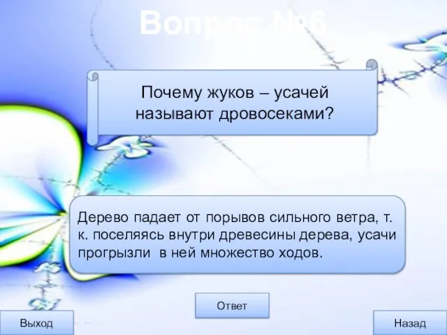 Вопрос №6 Выход Назад Ответ Дерево падает от порывов сильного ветра, т.к.