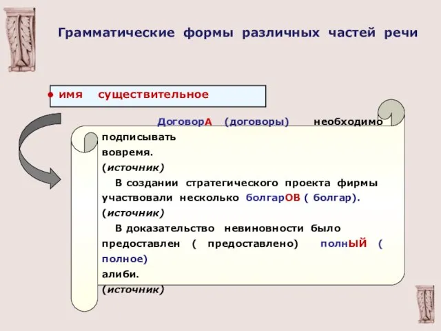 имя существительное ДоговорА (договоры) необходимо подписывать вовремя. (источник) В создании стратегического проекта