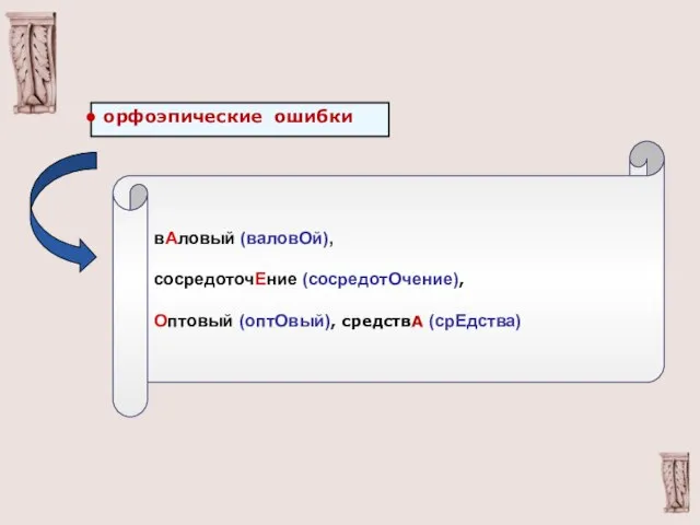 орфоэпические ошибки вАловый (валовОй), сосредоточЕние (сосредотОчение), Оптовый (оптОвый), средствА (срЕдства)