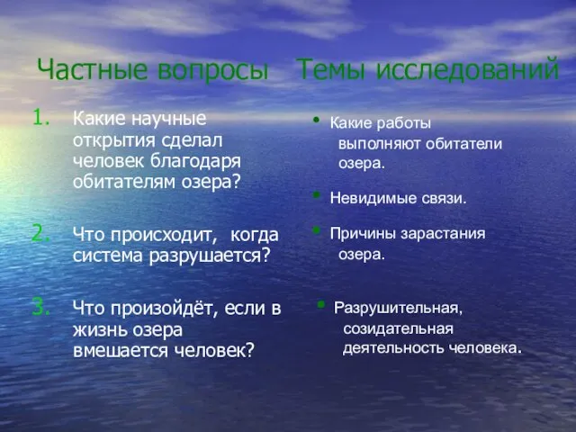 Частные вопросы Темы исследований Какие научные открытия сделал человек благодаря обитателям озера?