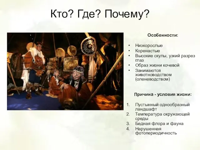 Кто? Где? Почему? Особенности: Низкорослые Коренастые Высокие скулы, узкий разрез глаз Образ