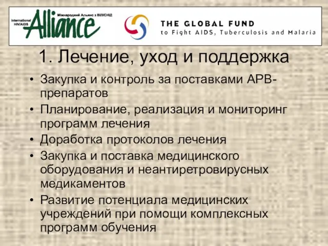 1. Лечение, уход и поддержка Закупка и контроль за поставками АРВ-препаратов Планирование,