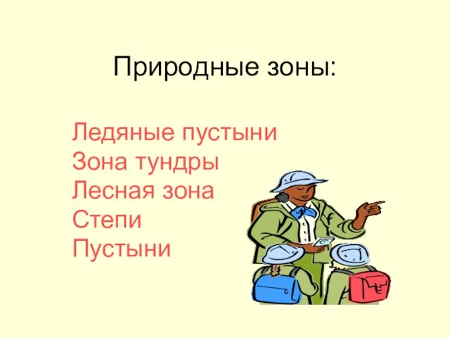 Природные зоны: Ледяные пустыни Зона тундры Лесная зона Степи Пустыни