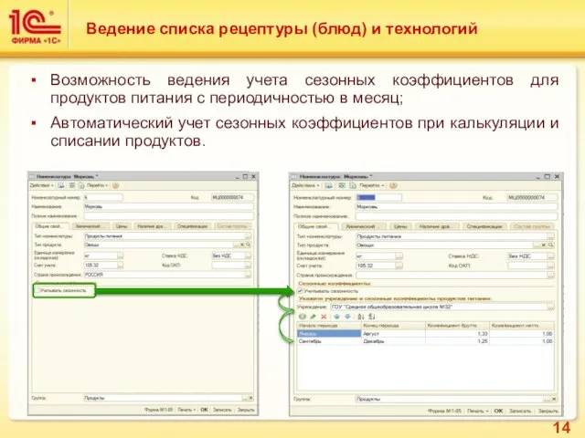 Возможность ведения учета сезонных коэффициентов для продуктов питания с периодичностью в месяц;