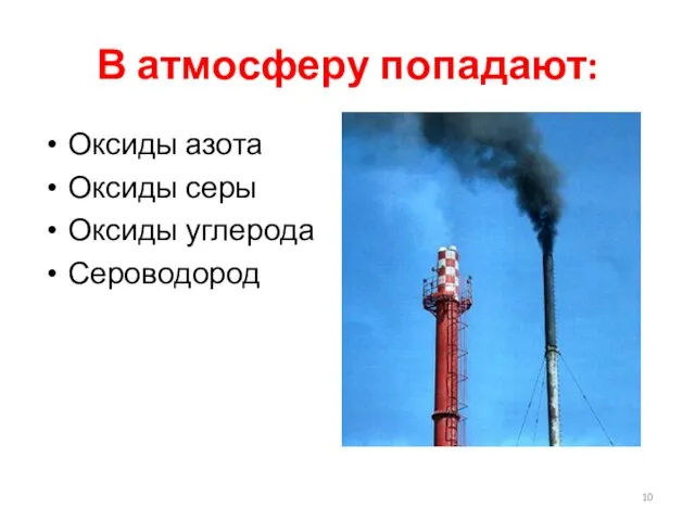 В атмосферу попадают: Оксиды азота Оксиды серы Оксиды углерода Сероводород