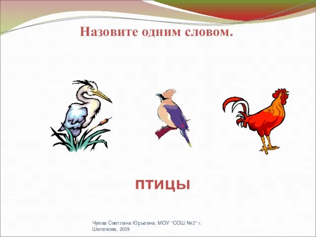 Назовите одним словом. птицы Чуева Светлана Юрьевна. МОУ "СОШ №2" г. Шелехова, 2009