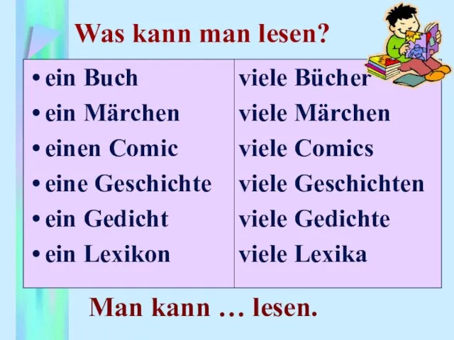 Was kann man lesen? ein Buch ein Märchen einen Comic eine Geschichte