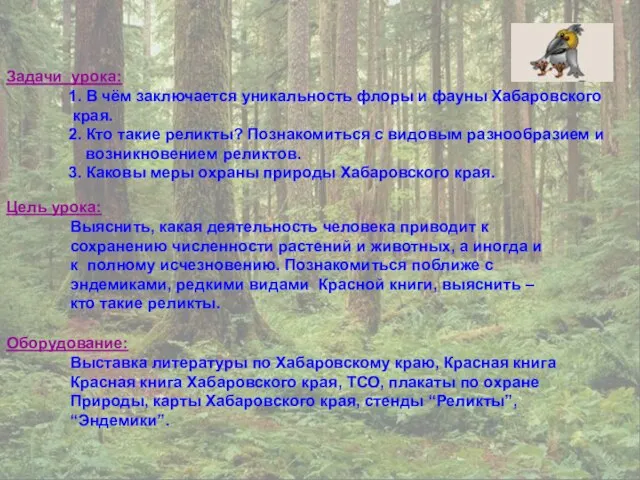 Задачи урока: 1. В чём заключается уникальность флоры и фауны Хабаровского края.