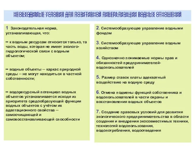 НЕОБХОДИМЫЕ УСЛОВИЯ ДЛЯ ПОЗИТИВНОЙ ЛИБЕРАЛИЗАЦИИ ВОДНЫХ ОТНОШЕНИЙ 2. Системообразующее управление водными фондом