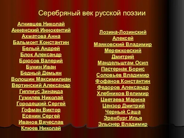 Агнивцев Николай Анненский Иннокентий Ахматова Анна Бальмонт Константин Белый Андрей Блок Александр