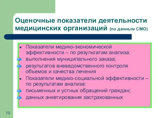 Оценочные показатели деятельности медицинских организаций (по данным СМО) Показатели медико-экономической эффективности –