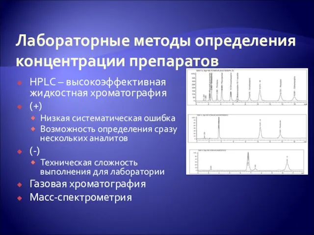 Лабораторные методы определения концентрации препаратов HPLC – высокоэффективная жидкостная хроматография (+) Низкая