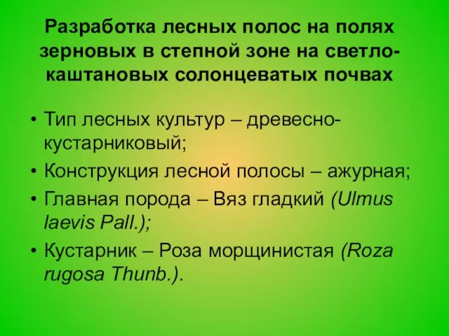 Разработка лесных полос на полях зерновых в степной зоне на светло-каштановых солонцеватых