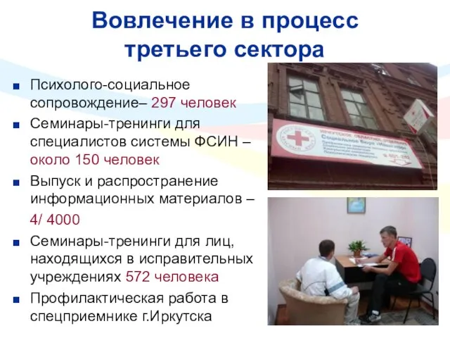 Вовлечение в процесс третьего сектора Психолого-социальное сопровождение– 297 человек Семинары-тренинги для специалистов