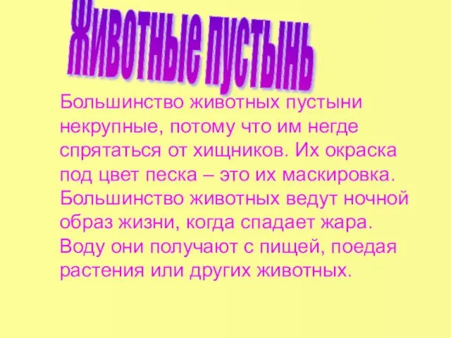 Животные пустынь Большинство животных пустыни некрупные, потому что им негде спрятаться от