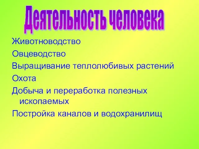 Животноводство Овцеводство Выращивание теплолюбивых растений Охота Добыча и переработка полезных ископаемых Постройка