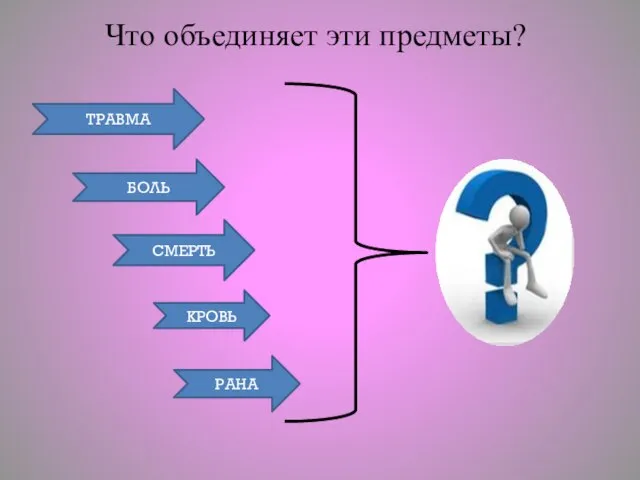 СМЕРТЬ БОЛЬ ТРАВМА Что объединяет эти предметы? КРОВЬ РАНА