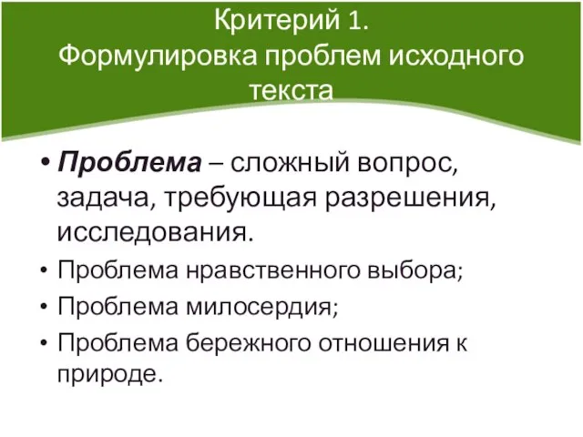 Критерий 1. Формулировка проблем исходного текста Проблема – сложный вопрос, задача, требующая