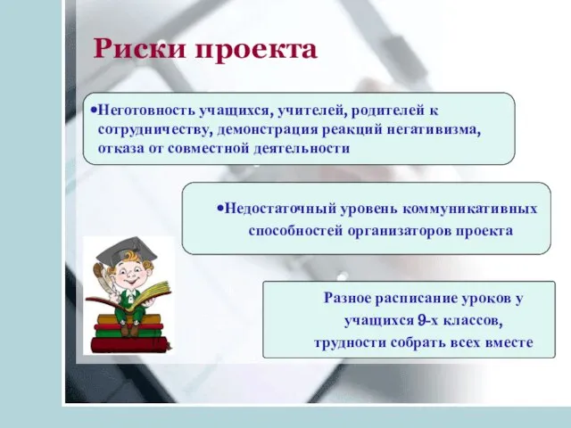 Недостаточный уровень коммуникативных способностей организаторов проекта Риски проекта Разное расписание уроков у