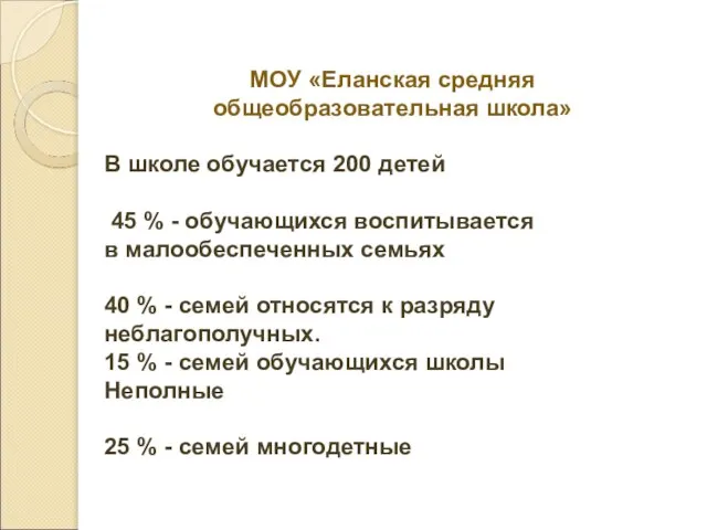 МОУ «Еланская средняя общеобразовательная школа» В школе обучается 200 детей 45 %