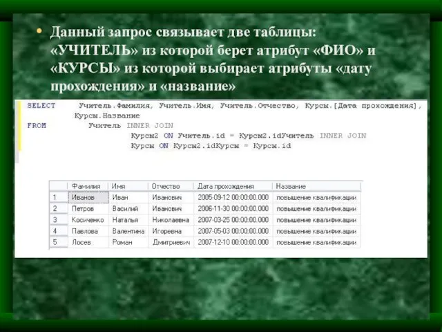 Данный запрос связывает две таблицы: «УЧИТЕЛЬ» из которой берет атрибут «ФИО» и