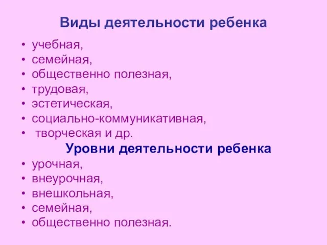 Виды деятельности ребенка учебная, семейная, общественно полезная, трудовая, эстетическая, социально-коммуникативная, творческая и