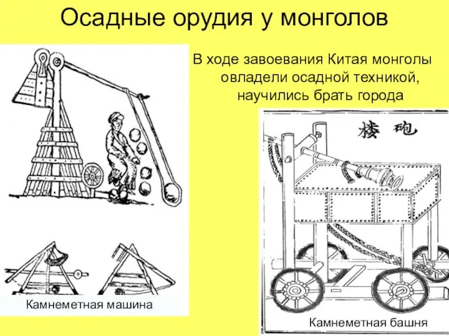 Осадные орудия у монголов В ходе завоевания Китая монголы овладели осадной техникой,