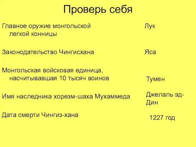 Проверь себя Главное оружие монгольской легкой конницы Законодательство Чингисхана Монгольская войсковая единица,