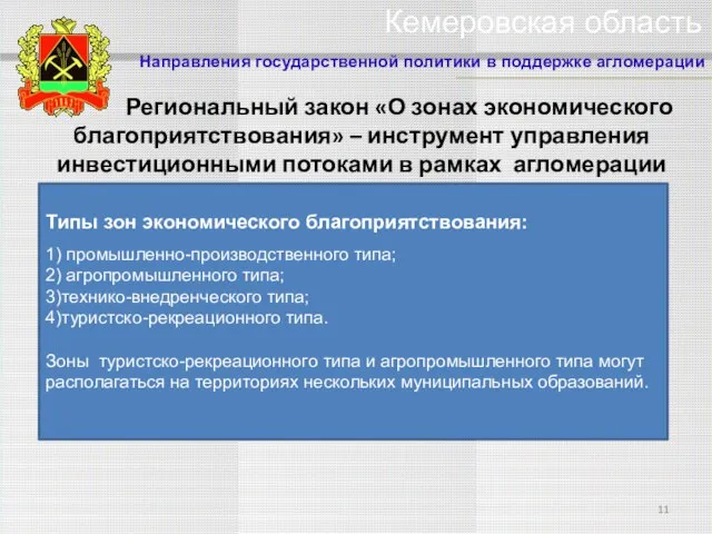 Кемеровская область Направления государственной политики в поддержке агломерации Типы зон экономического благоприятствования: