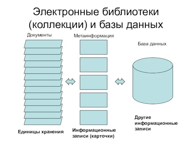 Электронные библиотеки (коллекции) и базы данных Единицы хранения Информационные записи (карточки) Другие