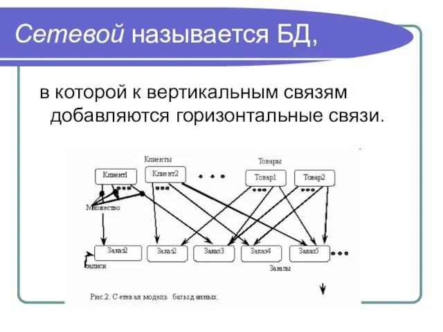 Сетевой называется БД, в которой к вертикальным связям добавляются горизонтальные связи.