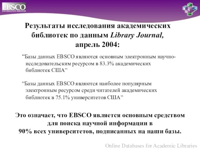 “Базы данных EBSCO являются основным электронным научно-исследовательским ресурсом в 83.3% академических библиотек